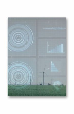 Displaying HUD overlay monitoring wind turbine performance above rural green field, data charts