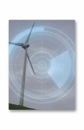 Wind turbine spinning on grassy hill, with circular HUD overlay, bar chart, pie chart, code snippet