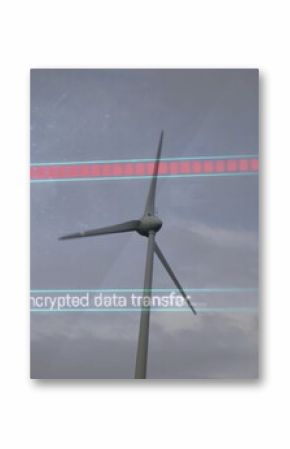 Highlighting wind turbine rotor rising against sky, overlay bars showing Re encrypted data transfer