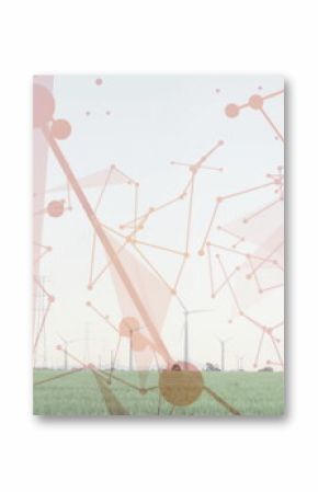 Wind turbines, power lines and transmission towers standing in rural field, with network overlay