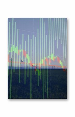 Displaying wind turbines rotating on farmland at dusk, showing green bar charts with red line graph