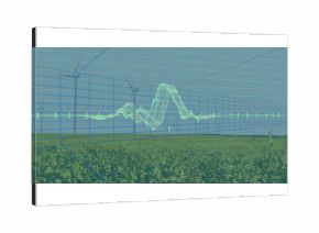 Displaying 3D grid overlay visualizing energy data over wind farm field, with green waveform line