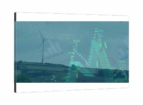 Combining wind turbine rising in rural wind farm, with hedges trees neon candlestick charts overlay