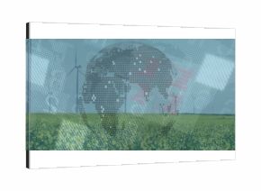 Overlaying dotted world globe graphic over rural farmland, with wind turbines and yellow crop
