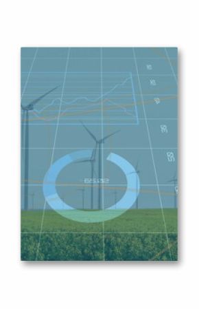 Displaying central wind turbine rotating over rural wind farm, with grid and graph overlay