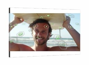 Holding surfer in swim trunks raising longboard overhead on beach, with floating energy icons