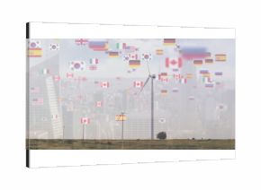 Spinning large wind turbine on rural grassland plain, with national flag icons overlay