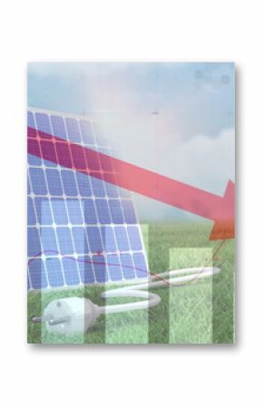 Displaying tilted solar panel in meadow featuring red downward arrow, charts and wind turbines