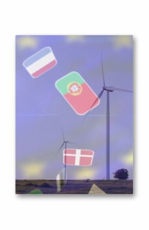 Operating white wind turbines spinning over grassy plain at dusk, with floating EU flags and stars