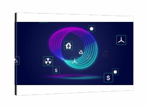 Hovering neon gradient loop floating on navy background, with lit clean energy and finance icons