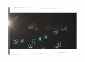 Floating neon energy icons pulsing in dark control panel, with wind turbine and recycling symbols