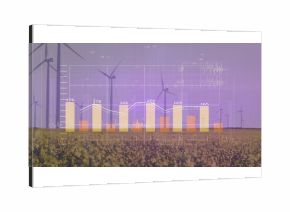 Displaying bar and line chart overlay over yellow crops with wind turbines and numeric labels