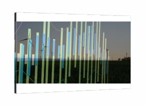 Displaying faded data bars and red and teal line graphs over rural dusk wind turbine silhouettes