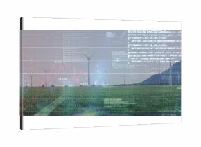 Displaying wind turbines generating power on plain at rural site, with overlaid analytics data