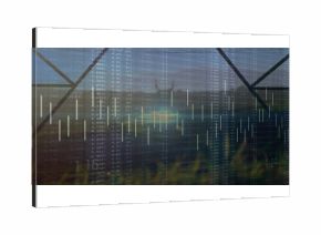 Showing composite landscape in field, with tall grass, metal tower, wind turbine and data overlay
