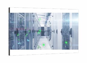 Data center corridor featuring server racks with circuit panels and floating green icons