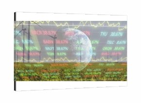 Displaying wind turbines standing in wildflower meadow featuring globe and yellow stock grid