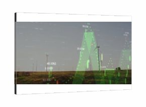 Displaying single wind turbine showing energy output on grassy plain, with green red data overlay