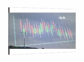 Spinning wind turbine on grassy hillside under candlestick chart showing -22