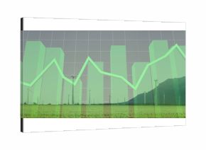 Green bar and line charts overlaying wind turbines on grassy plain, hill, gray grid backdrop