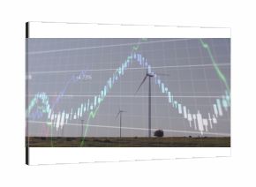 Displaying central wind turbine above grassland with candlesticks trend lines and +4