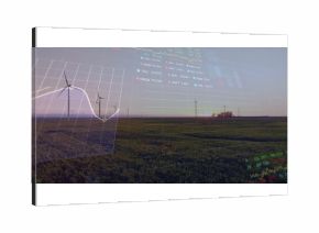 Wind turbines standing in open farmland at sunset, with line chart grid and stock ticker overlay