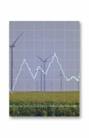 Displaying grid overlay tracing varying white line graph across flowering field, with wind turbines