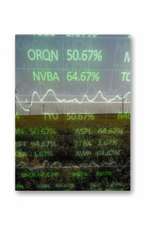 Displaying spinning wind turbines on grassy plain, under floating ticker symbols and line charts