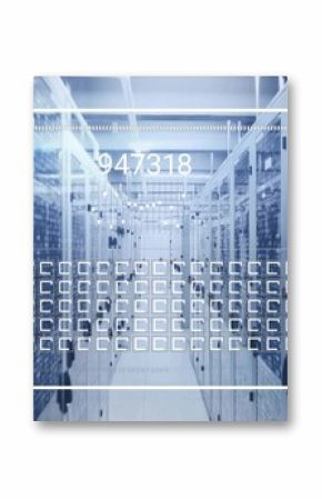 Long narrow server rack corridor showing binary code overlays in data center, with network cables