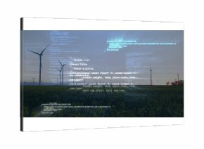 Wind turbines spinning across horizon, featuring glitch streaks over grassy plain in flat design