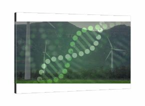 Rising three-blade wind turbine spinning above pasture by hill with stylized DNA overlay