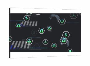 Displaying green hexagonal sustainable energy icons on dashboard, featuring glitch-style charts
