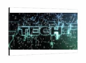 Illuminating neon text TECH featuring data-network, streaming binary code and glowing energy trails