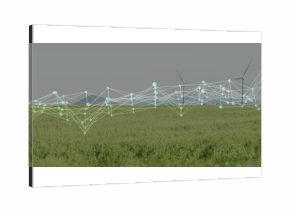 Projecting digital network overlay spanning field to wind turbines on farmland, with glowing nodes