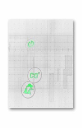 Displaying interface showing neon green, gray energy icons over faint grid with panel outlines