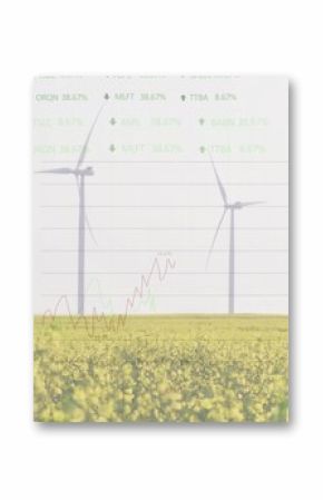 Displaying central wind turbine standing over canola field, under overlaid line and bar charts