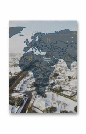 Showing stylized world map overlay over snowy suburban neighborhood, with data nodes, network lines