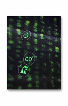 Floating cluster of green circular icons drifting across computer dashboard, showing energy data