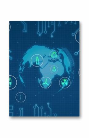 Displaying stylized globe rotating on schematic interface, featuring circular energy icons