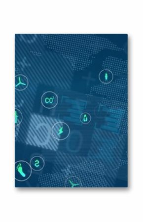 Featuring digital world map on blue data interface, with eco icons for wind turbine, CO2, plug