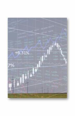 Overlaying candlestick bars and blue graph on cloudy wind farm showing percentage change labels