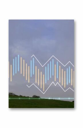 Displaying data visualization on hillside, featuring wind turbine plus bars and white trend line