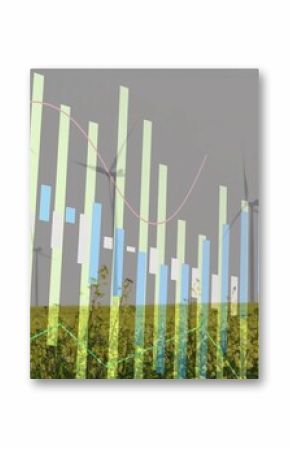 Displaying bar charts and line graphs spanning yellow crop field under overcast sky, wind turbines