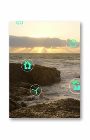 Showing rock formation emerging from choppy coastal waters on rocky shore, with green energy icons