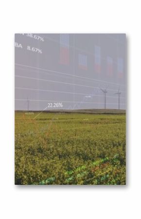 Displaying digital data overlays over rural yellow flowering field, showcasing white wind turbines