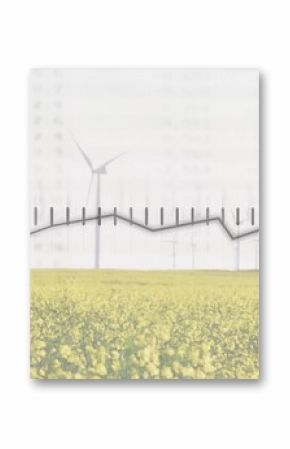 Showing yellow flowering field stretching across rural plain, with wind turbines and graph overlay
