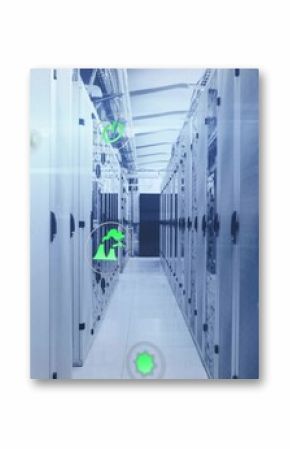 Showing server racks lining narrow data center corridor, projecting holographic green energy icons