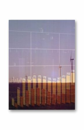 Semitransparent 3D bar chart presenting data over wind turbines at dusk, with gridlines and labels
