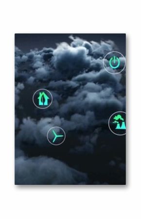 Floating green icons showing recycling, turbine, nuclear, sun drifting within clouds, energy theme