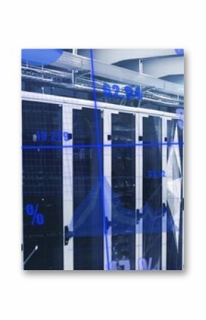 Displaying white server cabinets lining climate control data center corridor, with digital overlays